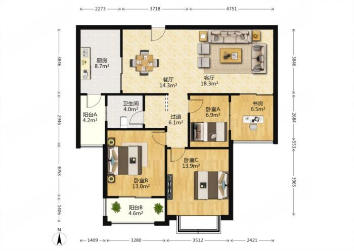 德诚&middot;翰景园 3室2厅1卫 113.19m&sup2;