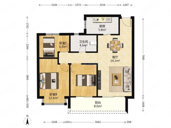 恒大御澜庭 3室2厅1卫 97.49m&sup2;