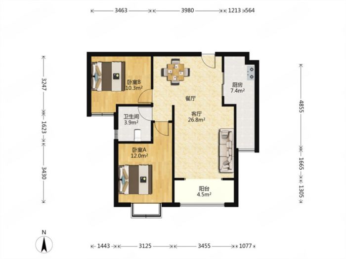 华强城 2室2厅1卫 86m&sup2;