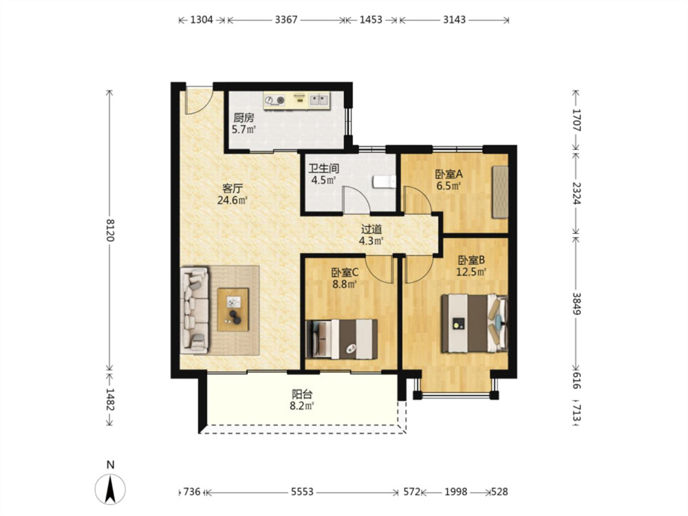 恒大悦珑湾 3室1厅1卫 101.1m&sup2;
