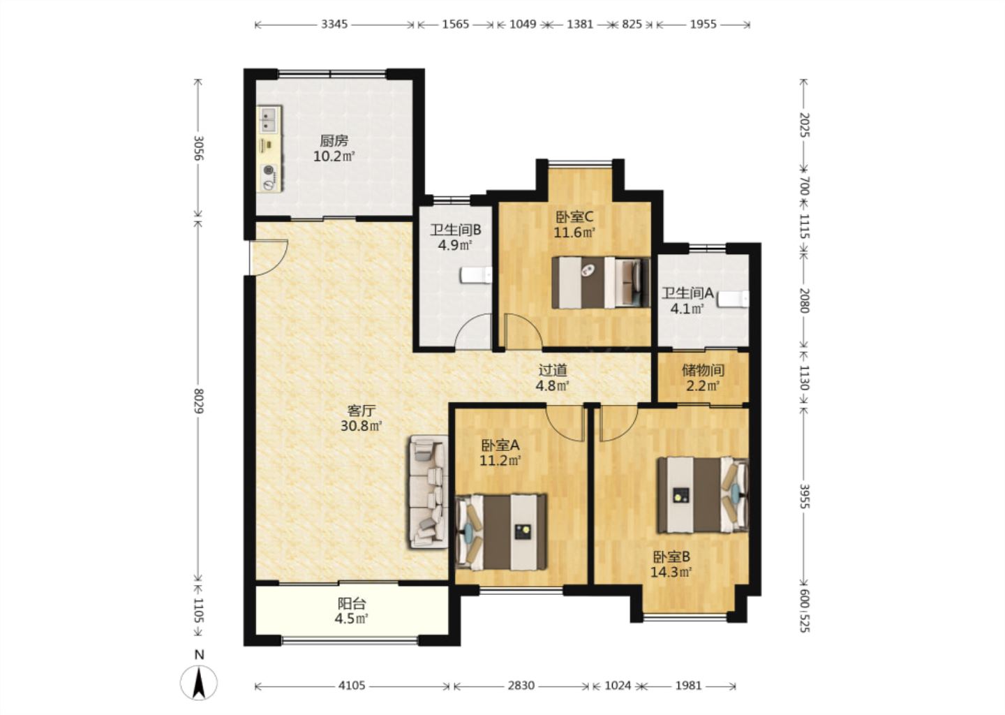 中南世纪花城二期 3室2厅2卫 130.00m&sup2;