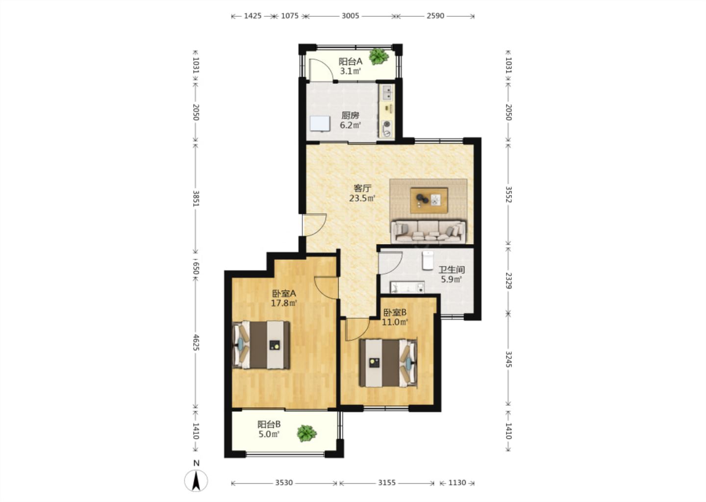 临江家园 2室1厅1卫 95m&sup2;