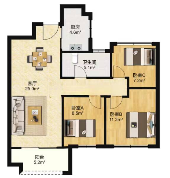 万科翡翠公园 3室2厅1卫 92m&sup2;