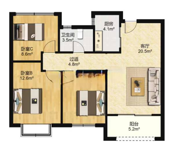 中南熙悦(南通经济技术开发区) 3室2厅1卫 89m&sup2;