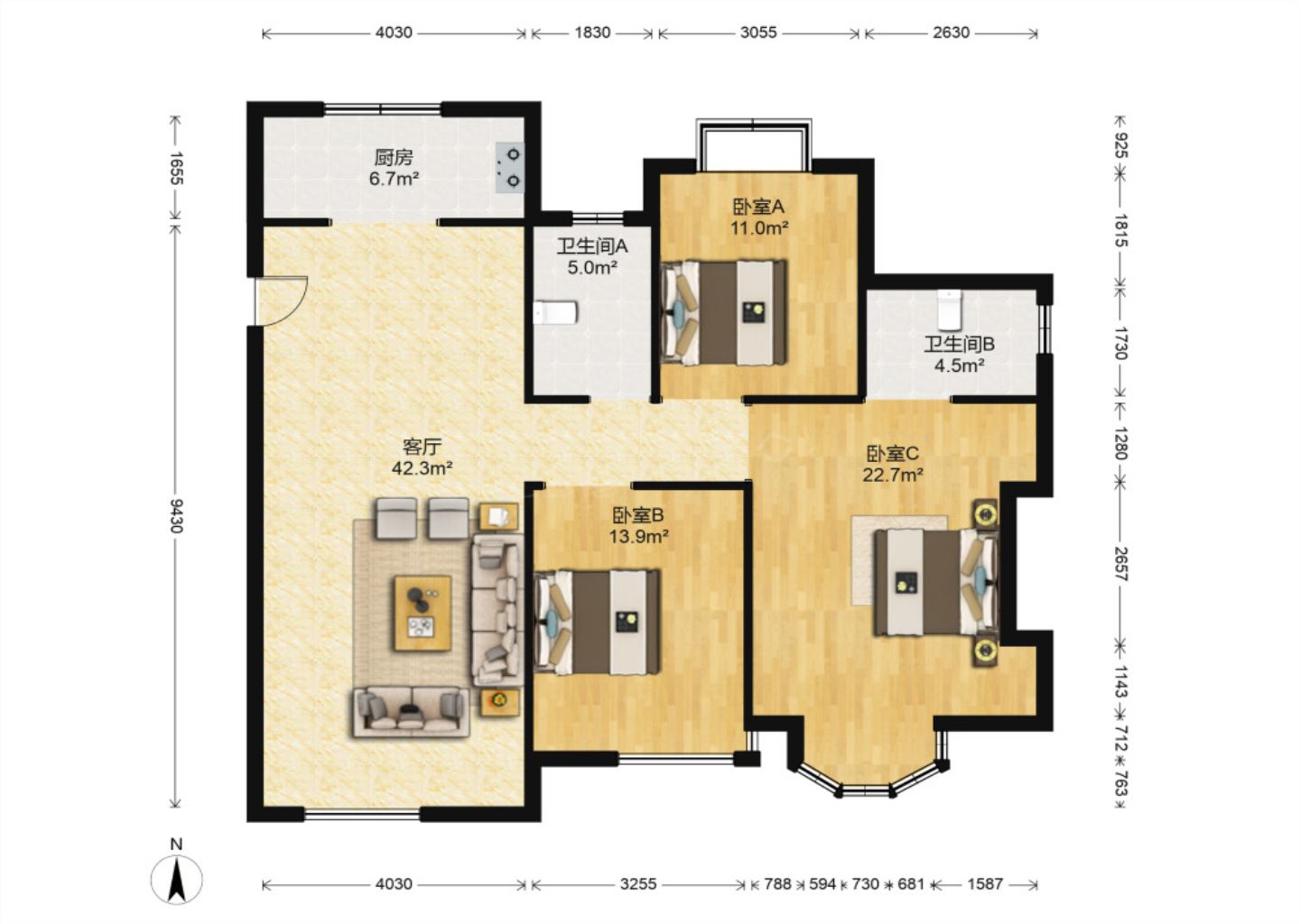 中南世纪花城三期 3室2厅2卫 135m&sup2;