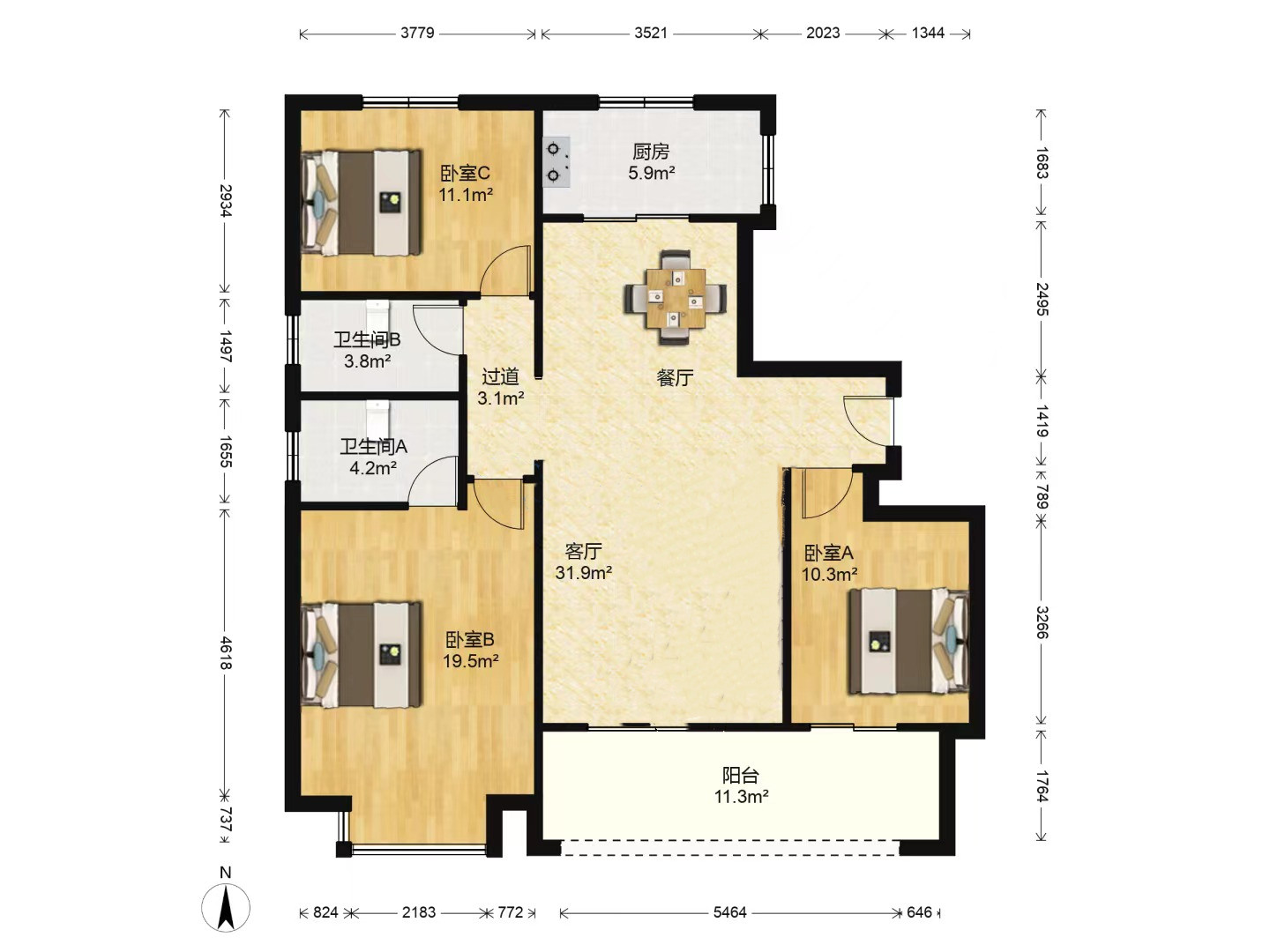 中海上东区 3室2厅2卫 125m&sup2;