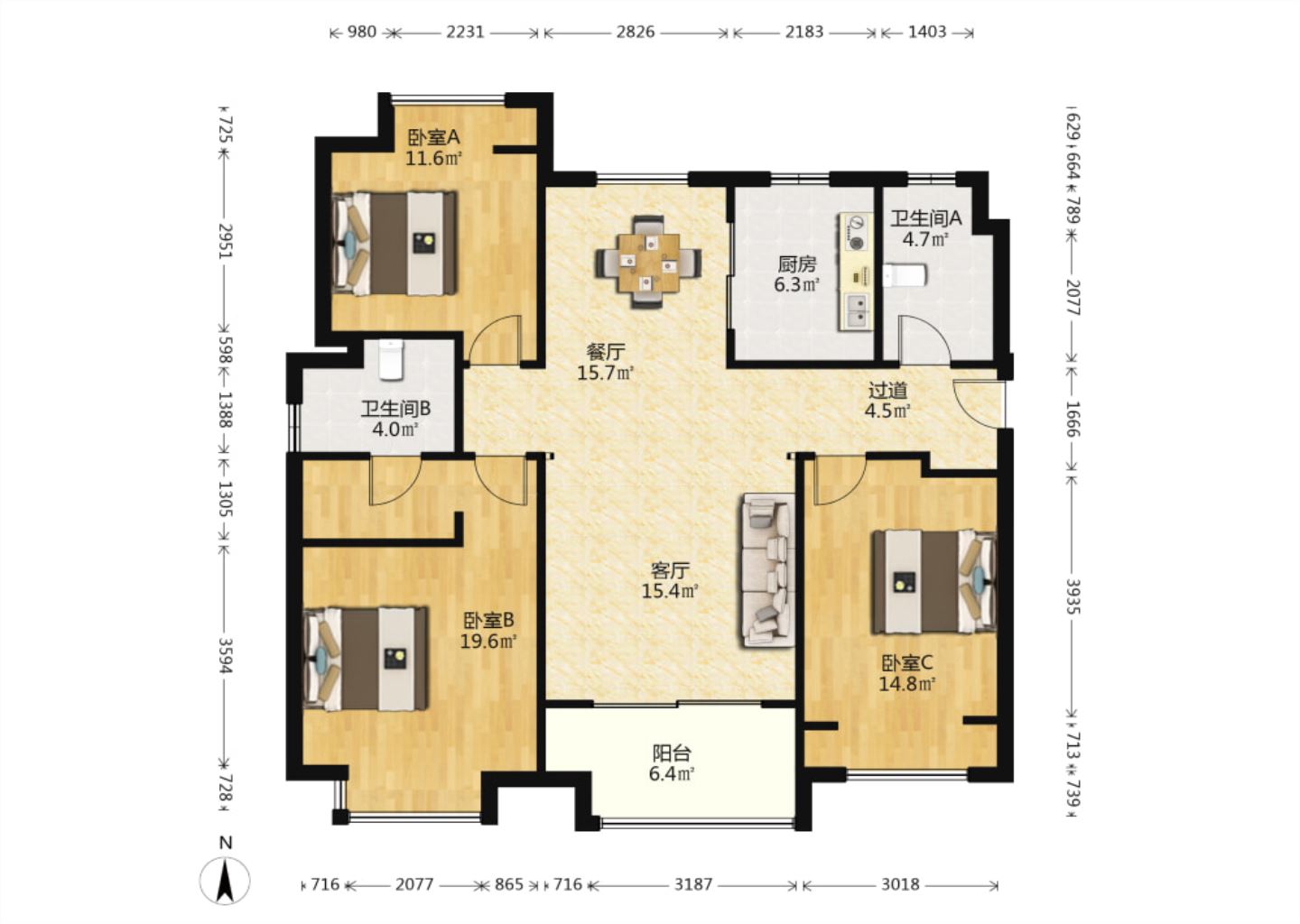 万科濠河传奇 4室2厅2卫 134.47m&sup2;