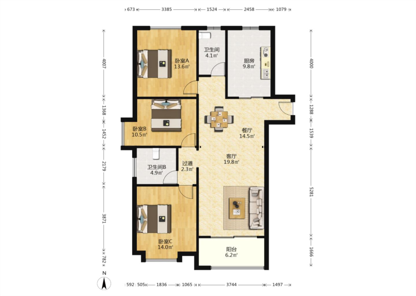 景华城 3室1厅1卫 132.00m&sup2;