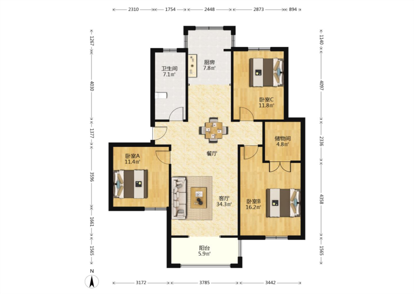 龙田花苑一期 3室2厅2卫 128.00m&sup2;
