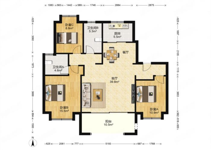 万濠禧园 3室2厅2卫 128m&sup2;