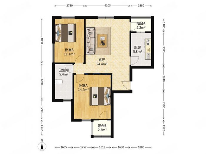 中南世纪城 1室2厅1卫 87m&sup2;