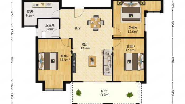 冠城大通棕榈湾 3室1厅1卫 110m&sup2;