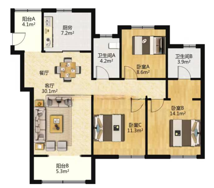 世茂公元 3室2厅2卫 117m&sup2;