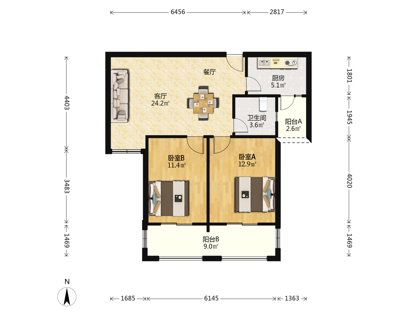幸福锦园 2室2厅1卫 86m&sup2;