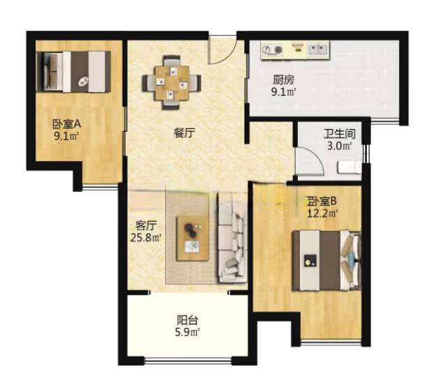 南通雅居乐花园 2室2厅1卫 85m&sup2;