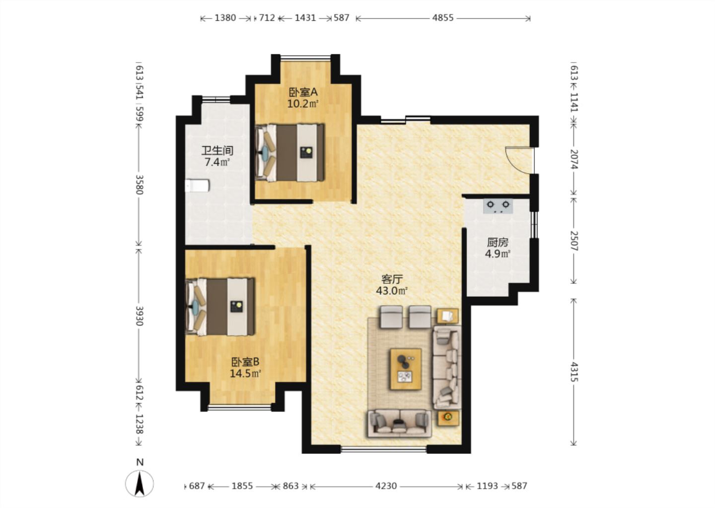 中南世纪花城二期 2室2厅1卫 106m&sup2;