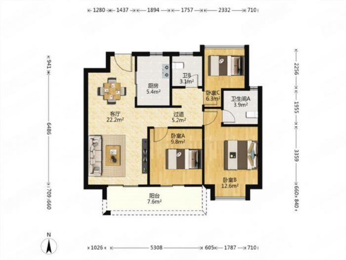雍华府 3室2厅2卫 98m&sup2;