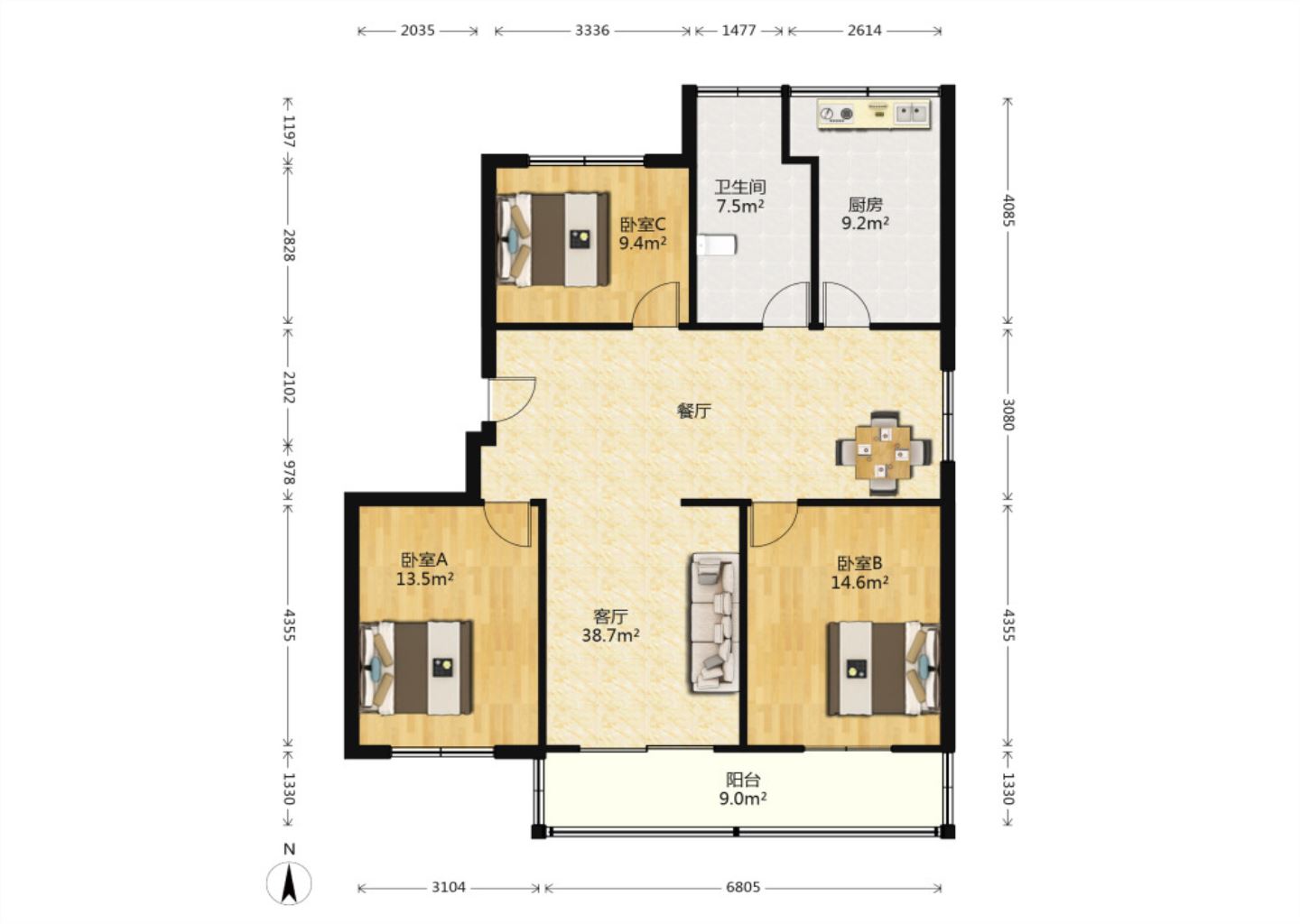 光明东村一期 3室2厅1卫 118m&sup2;