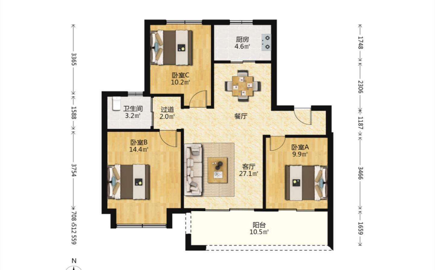 融创盛和九里桃源 3室2厅1卫 108m&sup2;