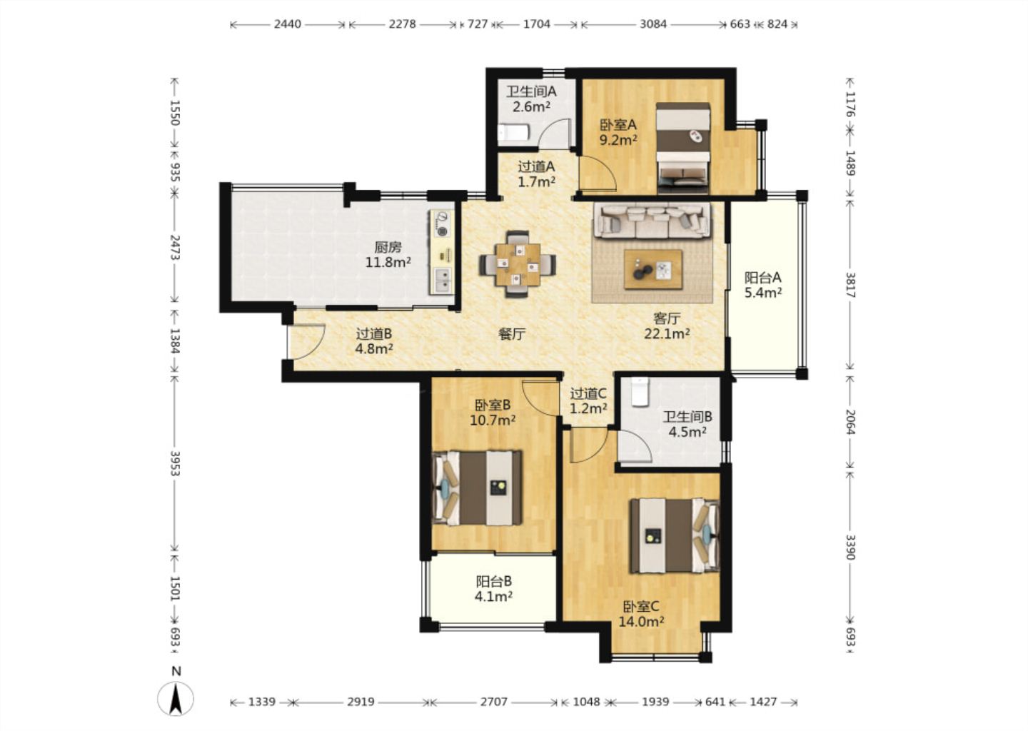 华强城 3室2厅2卫 118m&sup2;