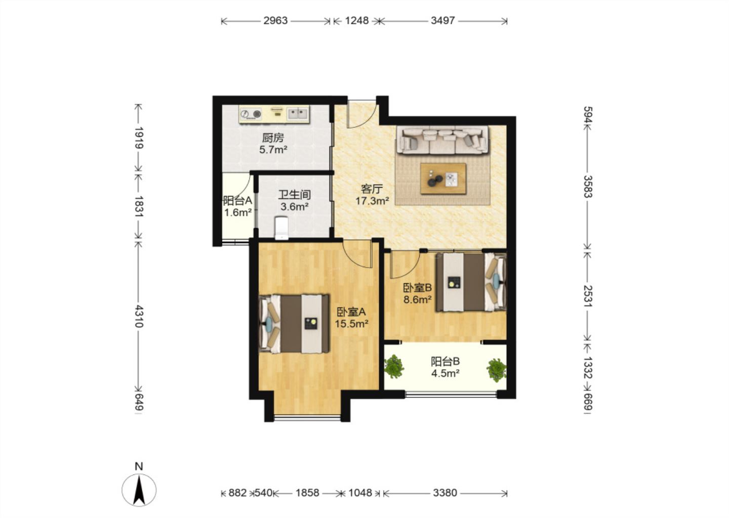 中南世纪城 2室2厅1卫 86m&sup2;