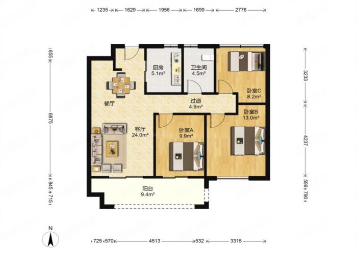 中创大都会 3室2厅1卫 98m&sup2;