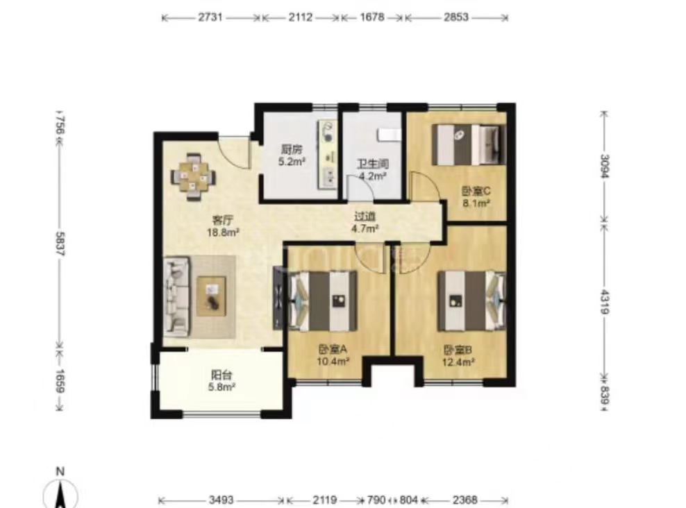新城香溢紫郡 3室1厅1卫 89.00m&sup2;