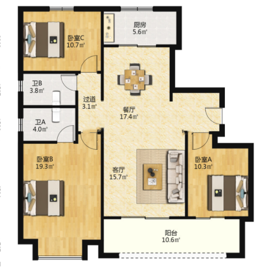中海上东区 3室2厅2卫 127.32m&sup2;