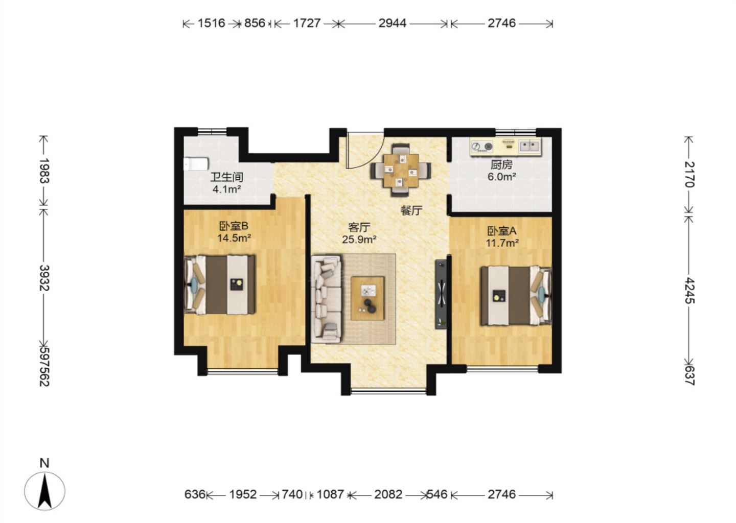 中南世纪花城二期 2室1厅1卫 87.5m&sup2;