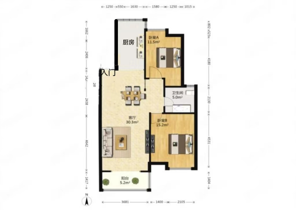 苏建阳光新城 2室2厅1卫 90.00m&sup2;
