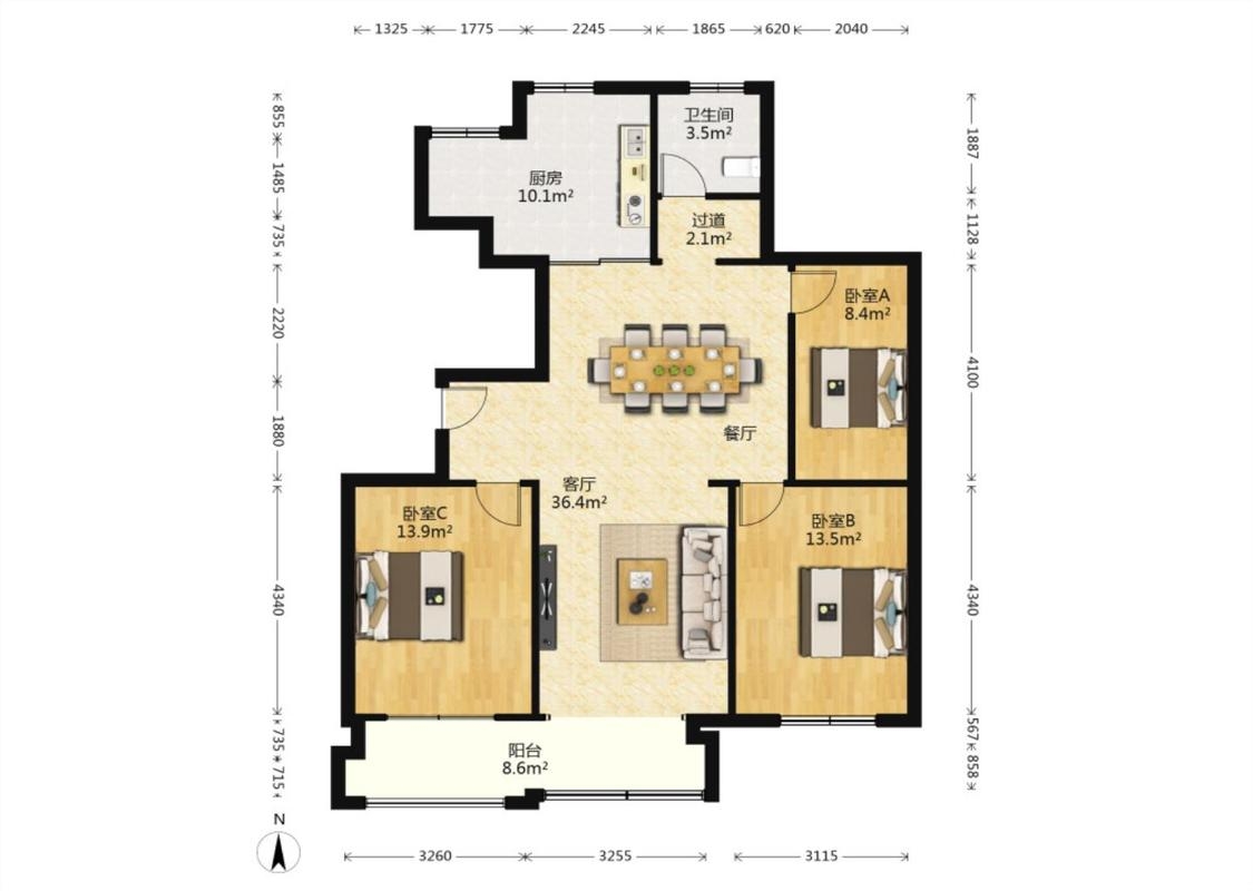 观河华府 3室2厅1卫 126m&sup2;
