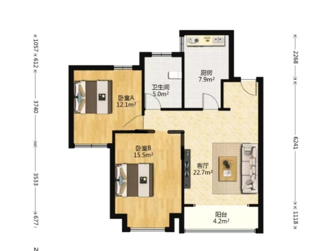 中南世纪花城二期 2室2厅1卫 89m&sup2;