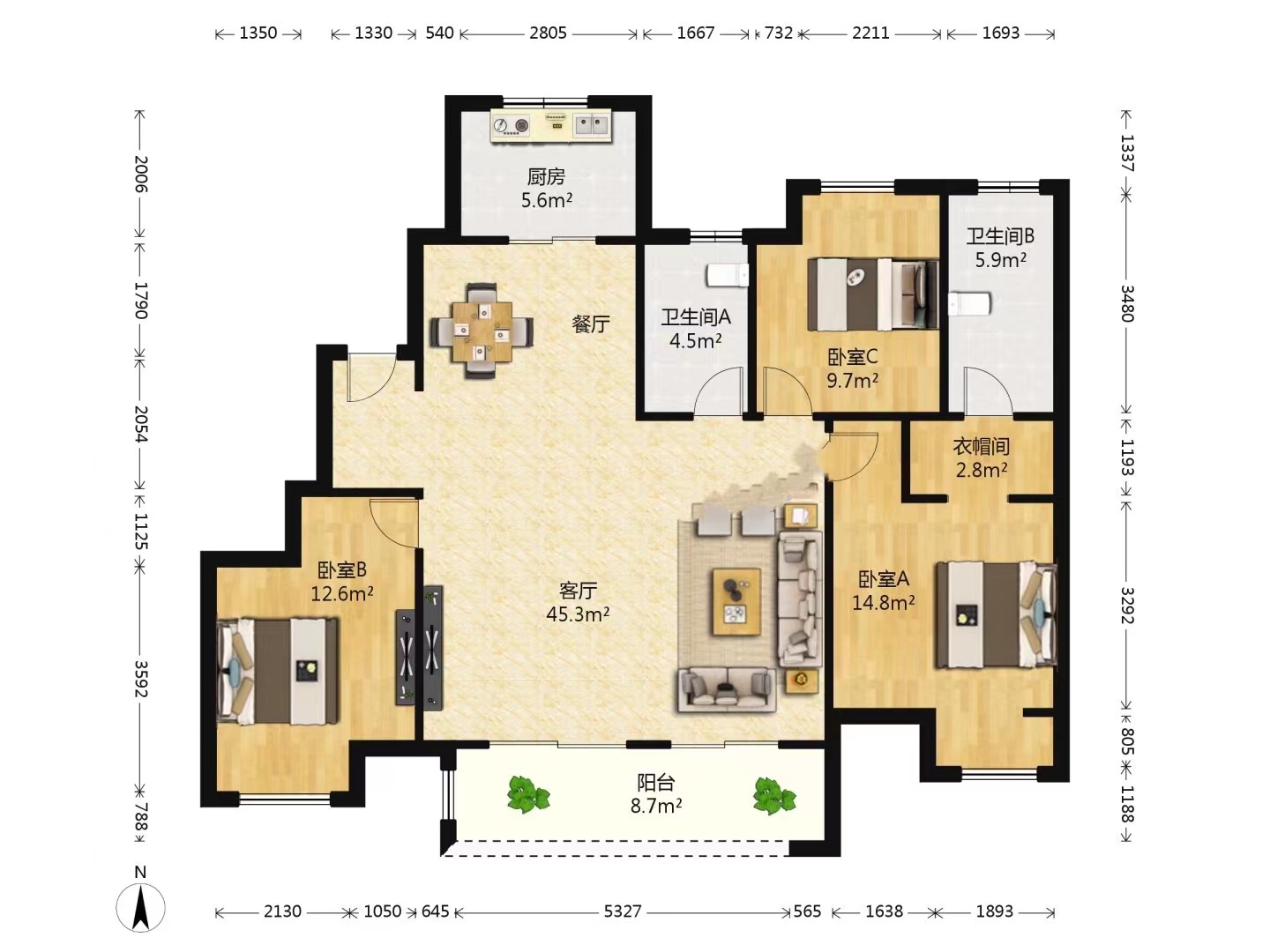 富力院士廷 3室2厅2卫 136m&sup2;