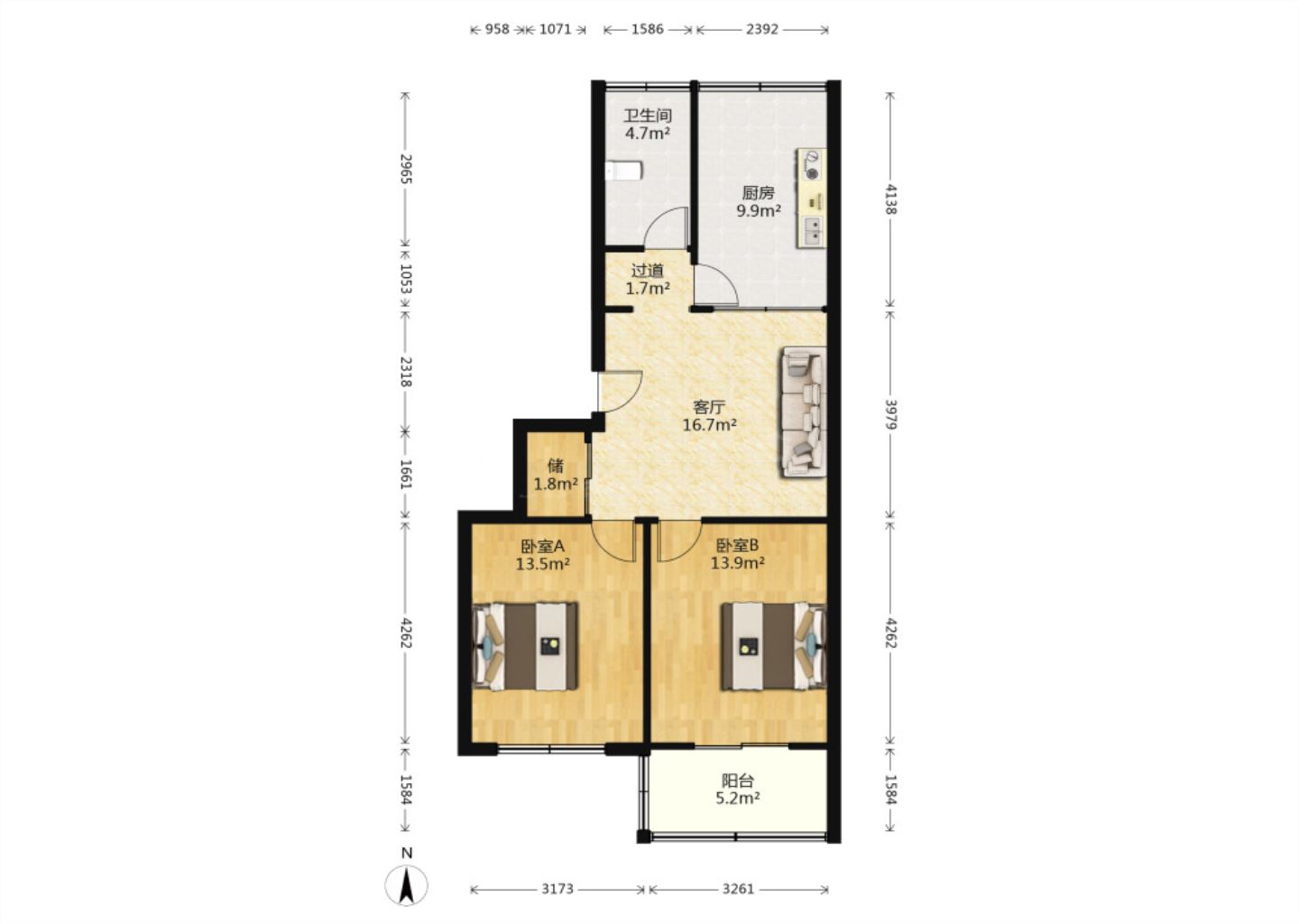 百花军宅苑 2室1厅1卫 87m&sup2;