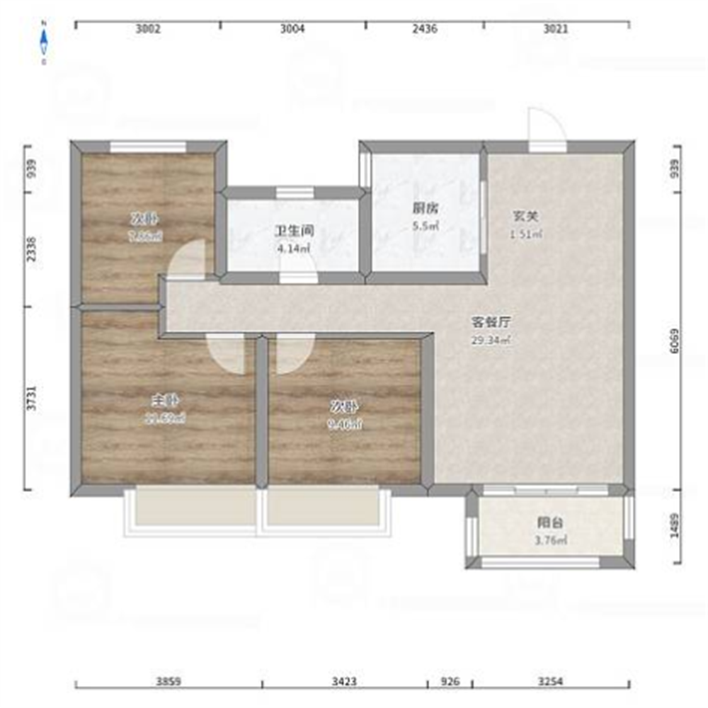 绿地新里城 3室2厅1卫 91m&sup2;
