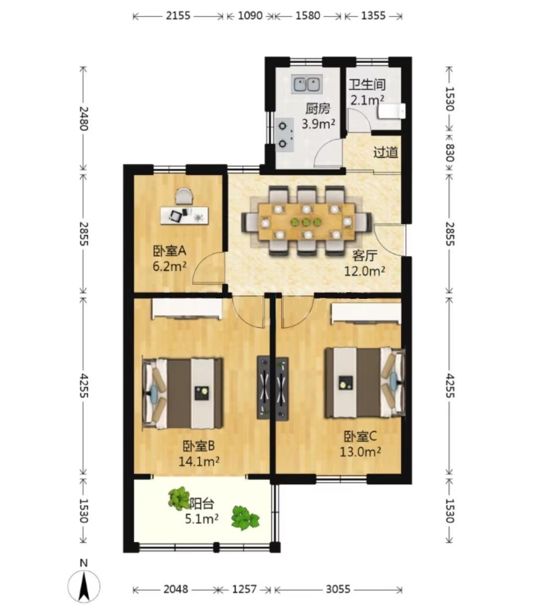 郭里园 3室1厅1卫 76.91m&sup2;