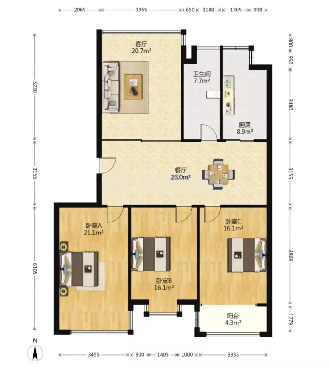 南方公寓 3室2厅1卫 143m&sup2;