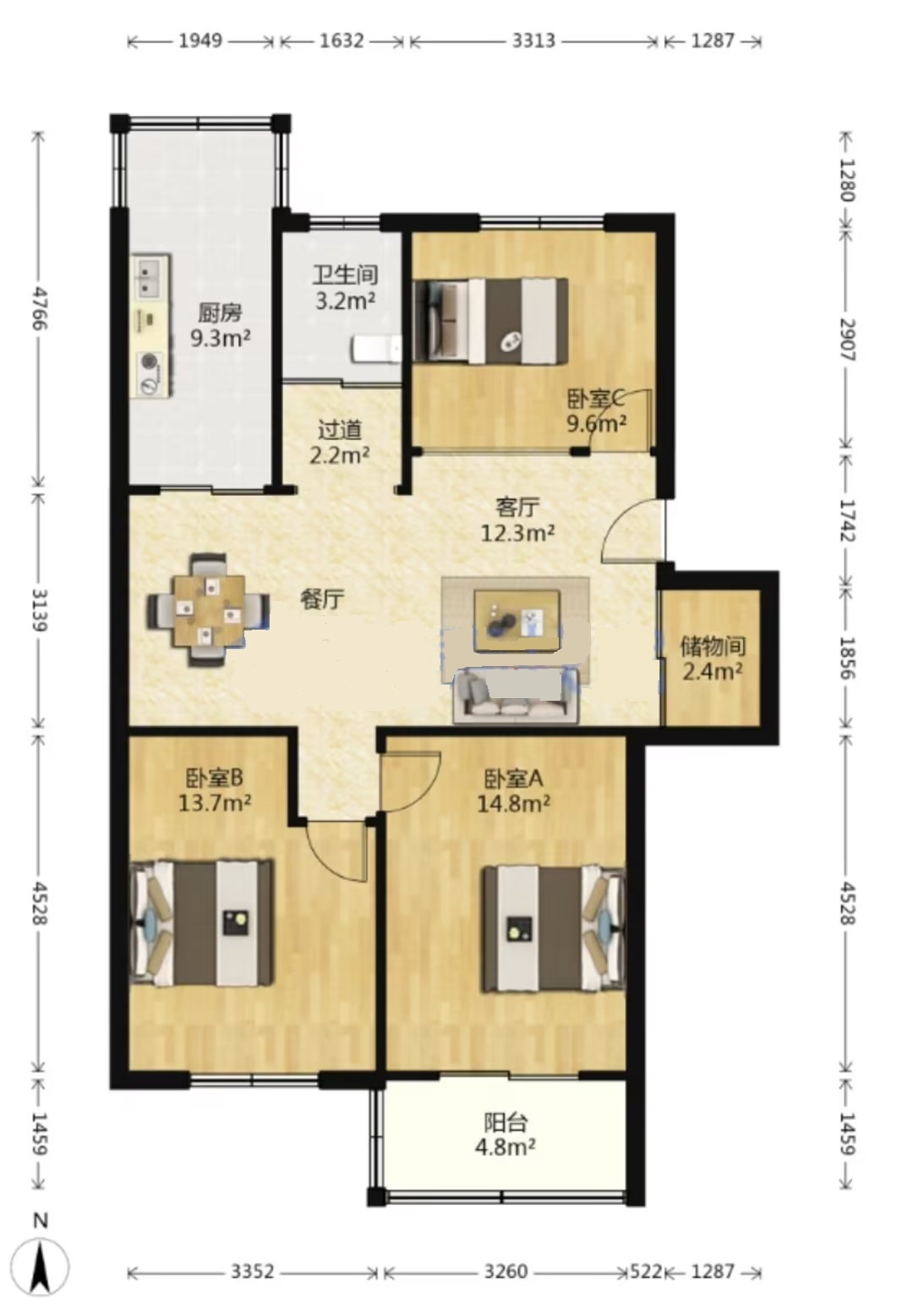紫东花苑 3室2厅1卫 99.60m&sup2;