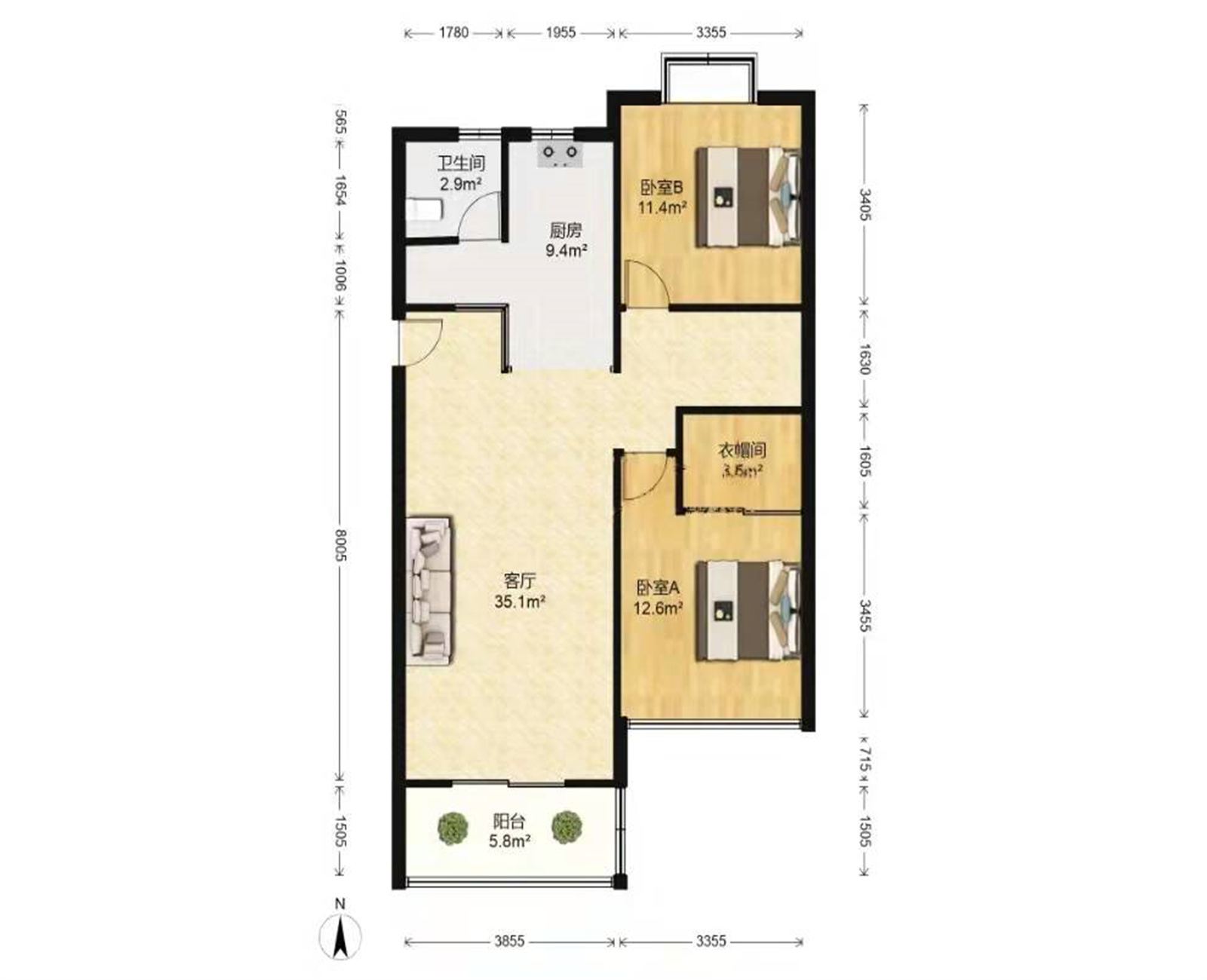 东景新城 3室1厅2卫 69m&sup2;