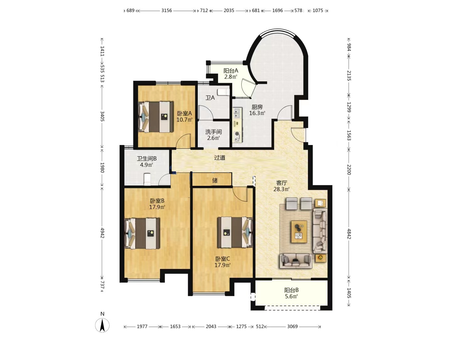 优山美地花园北区 3室2厅2卫 142m&sup2;