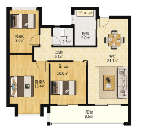 春风南岸西园 3室2厅1卫 96.00m&sup2;