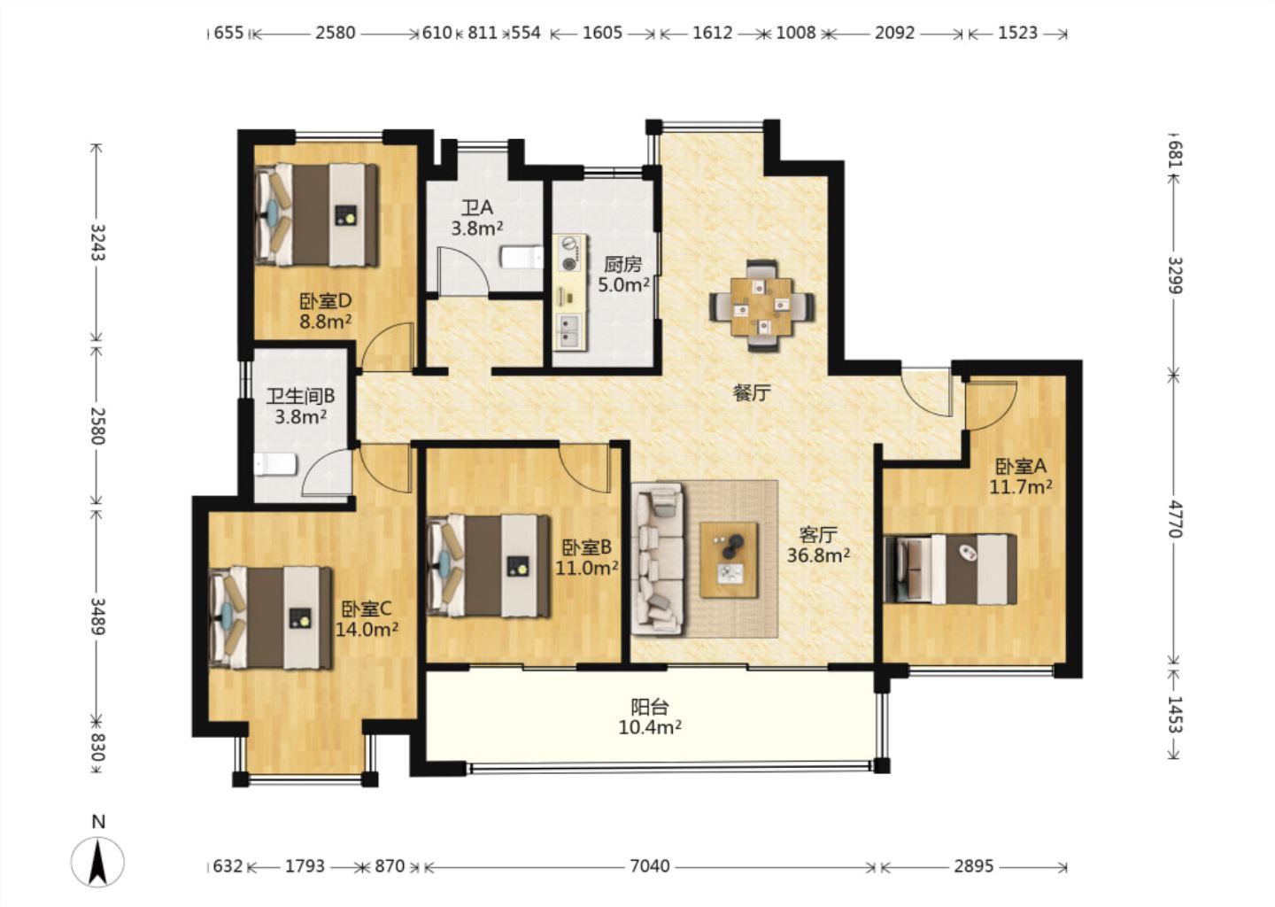 春风南岸西园 4室2厅2卫 140.00m&sup2;