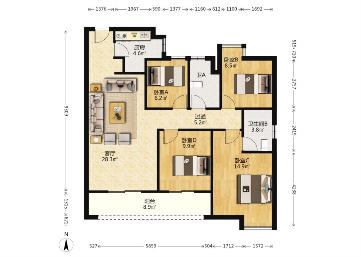 华润悦府 4室2厅2卫 124m&sup2;