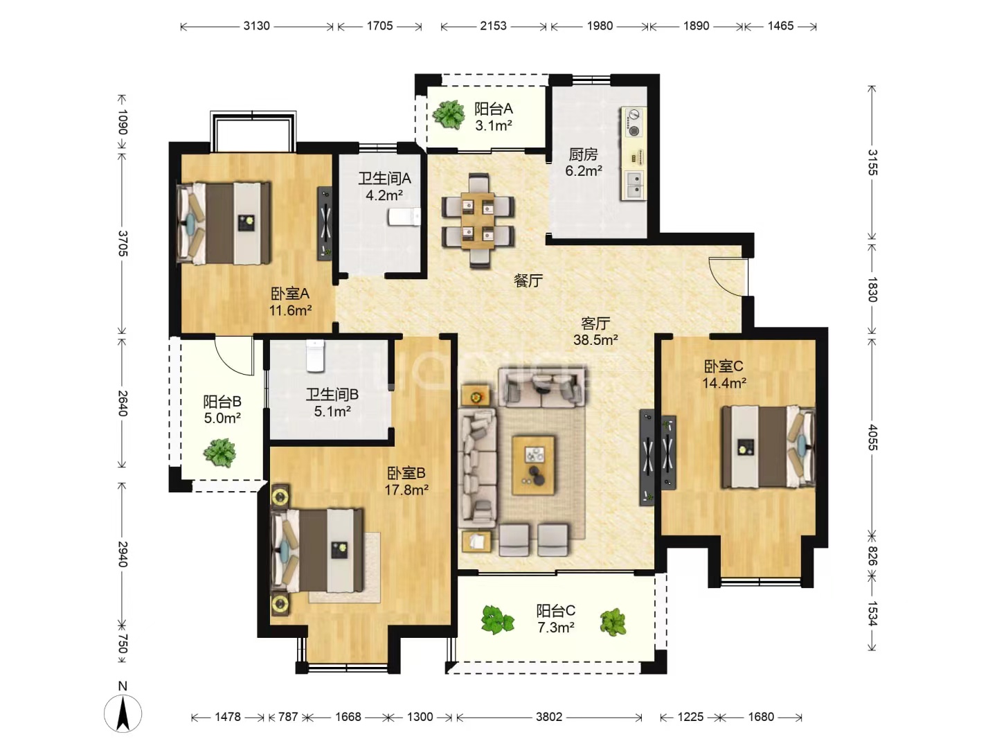 大唐金城 3室2厅2卫 130.94m&sup2;