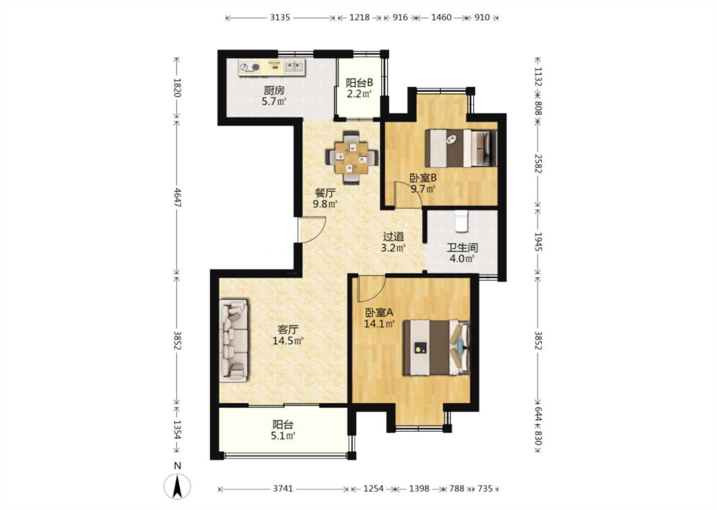 中港城 2室2厅1卫 88.08m&sup2;