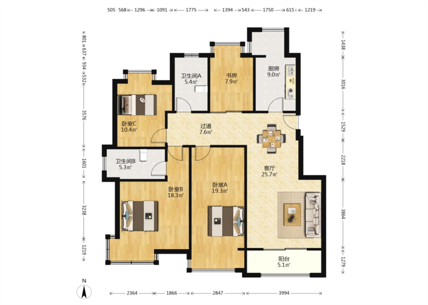 炜赋星湖邻里 3室2厅2卫 135.48m&sup2;