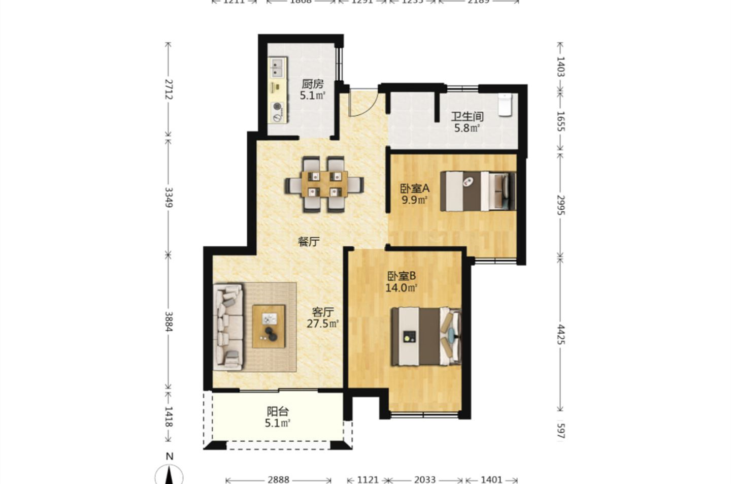 尚海城 2室2厅1卫 89.81m&sup2;