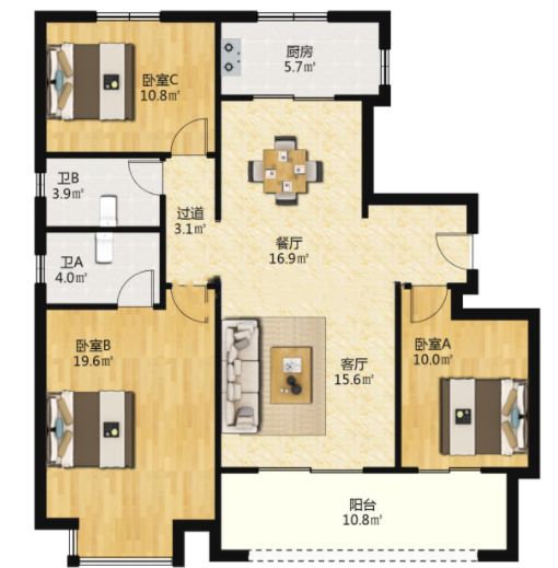 中海上东区 3室2厅2卫 127m&sup2;