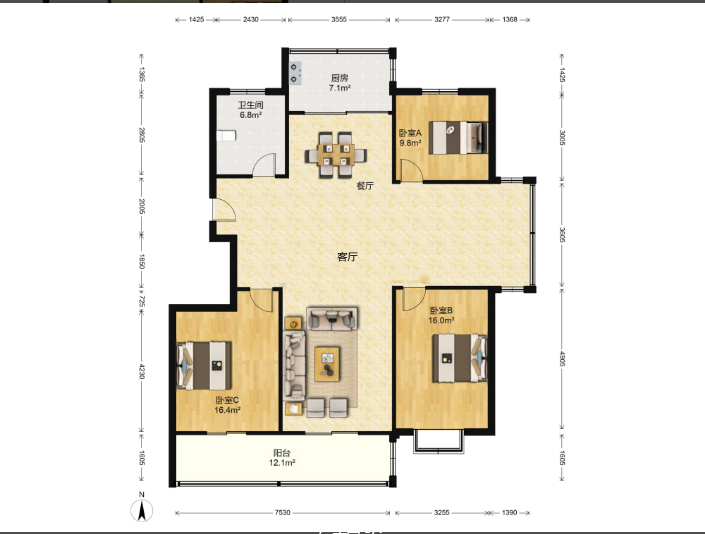 五山公寓 3室2厅1卫 125m&sup2;