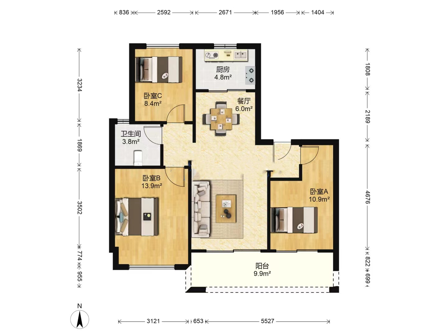 中南珑悦 3室2厅1卫 95m&sup2;